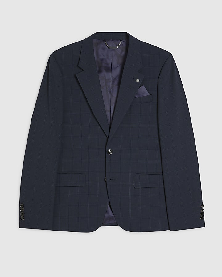 Navy Slim Fit Check Suit Jacket