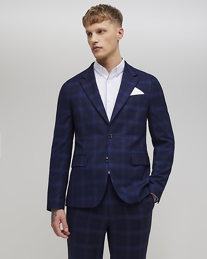 Navy Slim Fit Check Suit Jacket