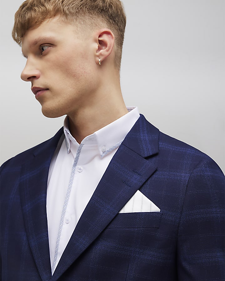 Navy Slim Fit Check Suit Jacket