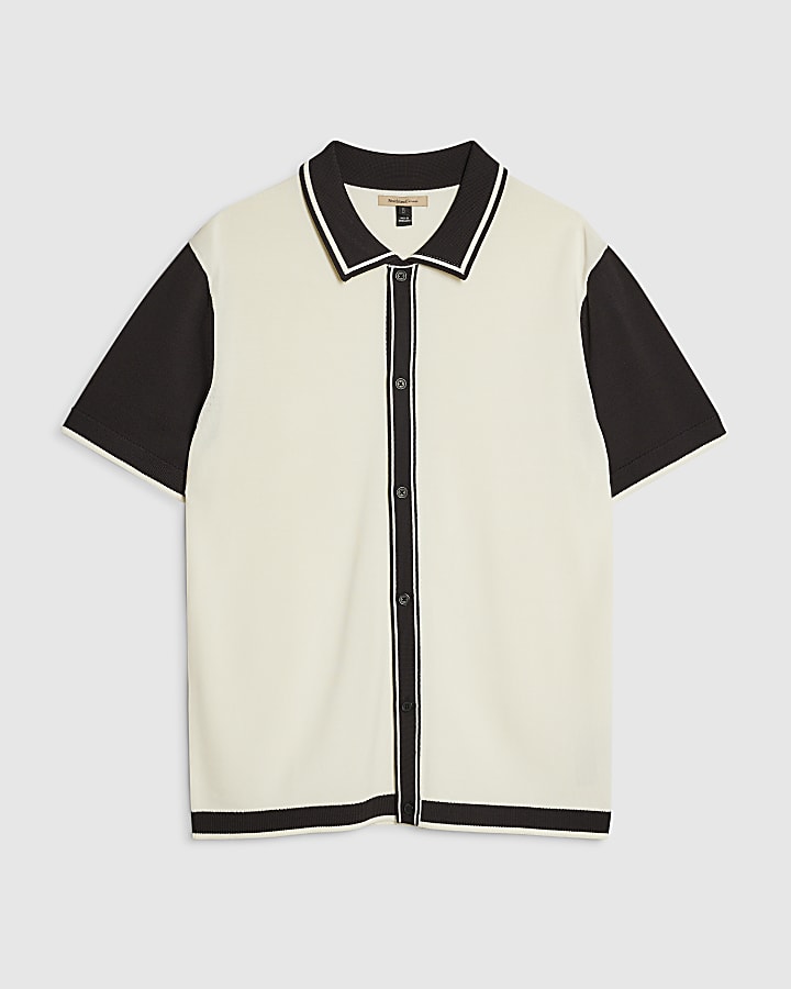 Cream Colour Block Short Sleeve Knit Shirt