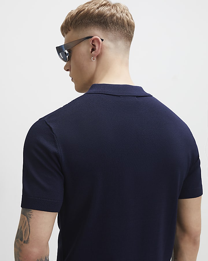 Navy Slim Fit Stripe Colour Block Polo Shirt