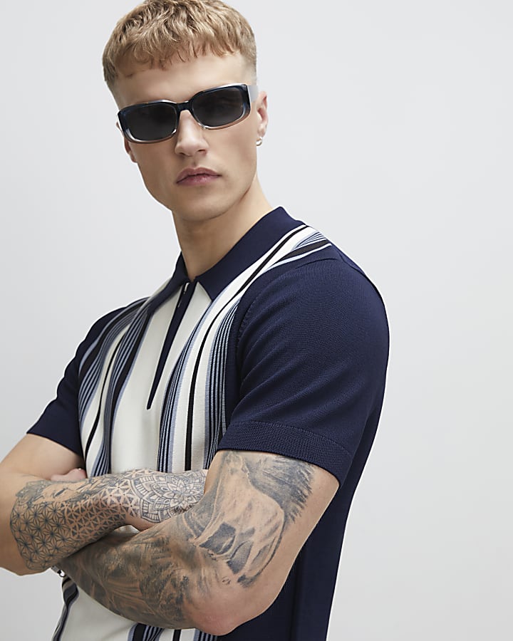 Navy Slim Fit Stripe Colour Block Polo Shirt