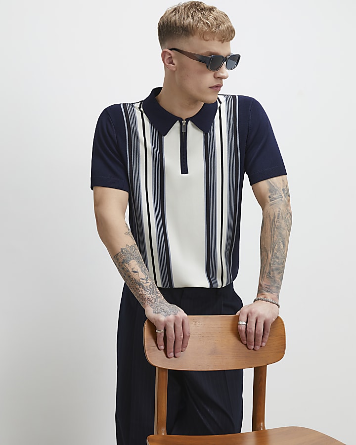 Navy Slim Fit Stripe Colour Block Polo Shirt