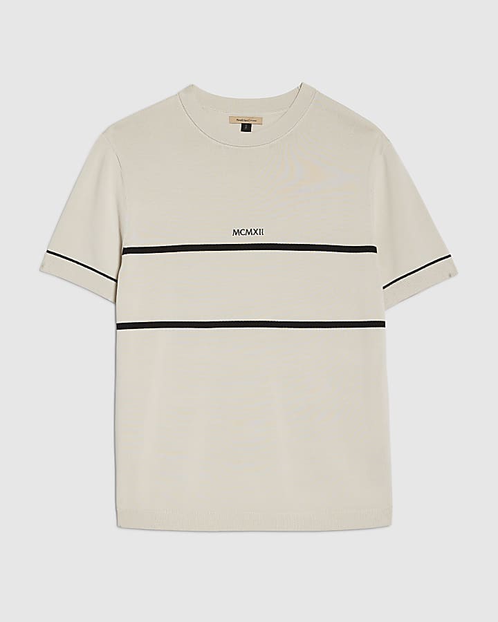 Beige Slim Fit Chest Blocked T-Shirt