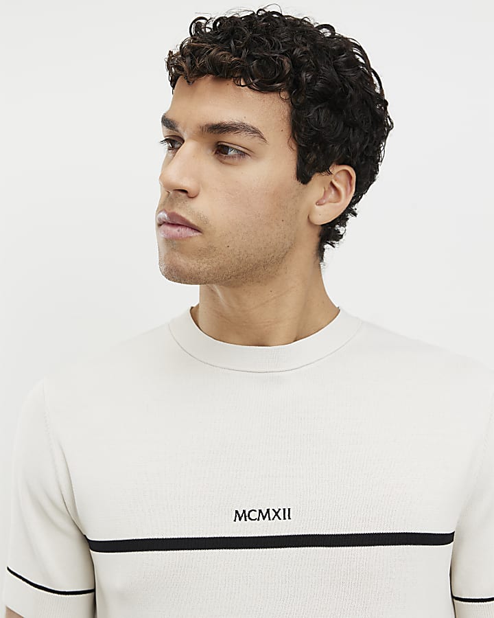 Beige Slim Fit Chest Blocked T-Shirt