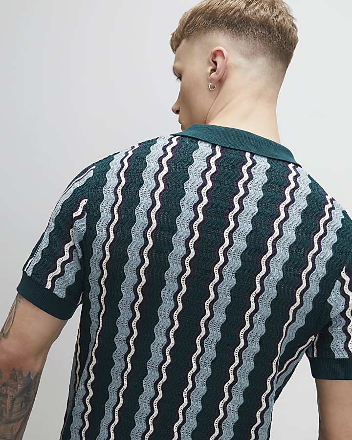Green Slim Fit Wavy Stripe Polo Shirt