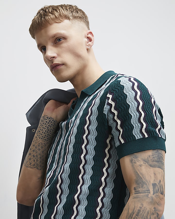 Green Slim Fit Wavy Stripe Polo Shirt