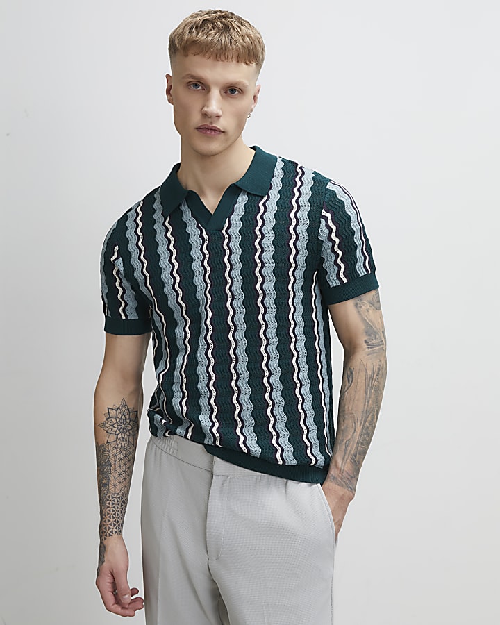 Green Slim Fit Wavy Stripe Polo Shirt