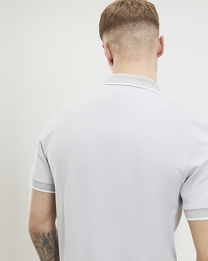 Grey Slim Fit Textured Zip Tipped Polo Shirt