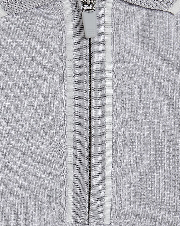 Grey Slim Fit Textured Zip Tipped Polo Shirt