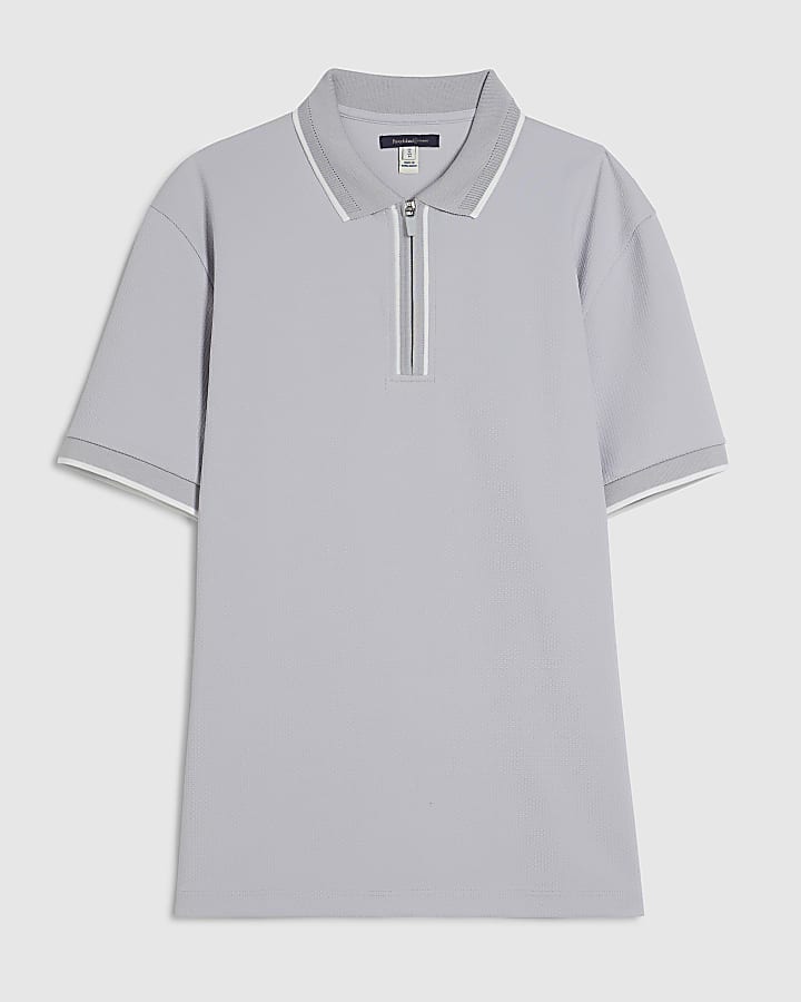 Grey Slim Fit Textured Zip Tipped Polo Shirt