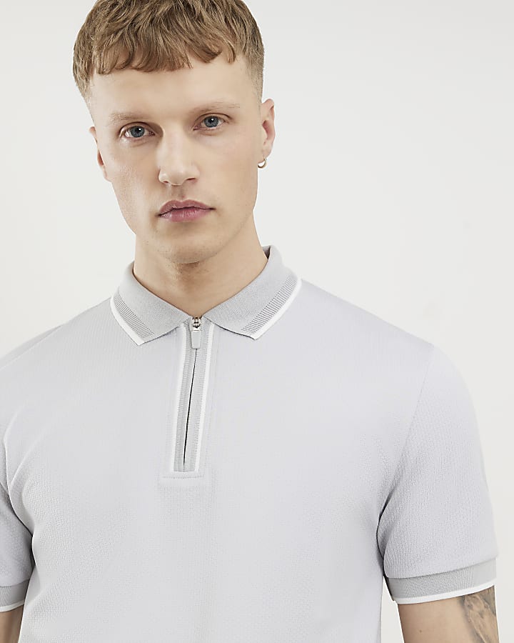 Grey Slim Fit Textured Zip Tipped Polo Shirt