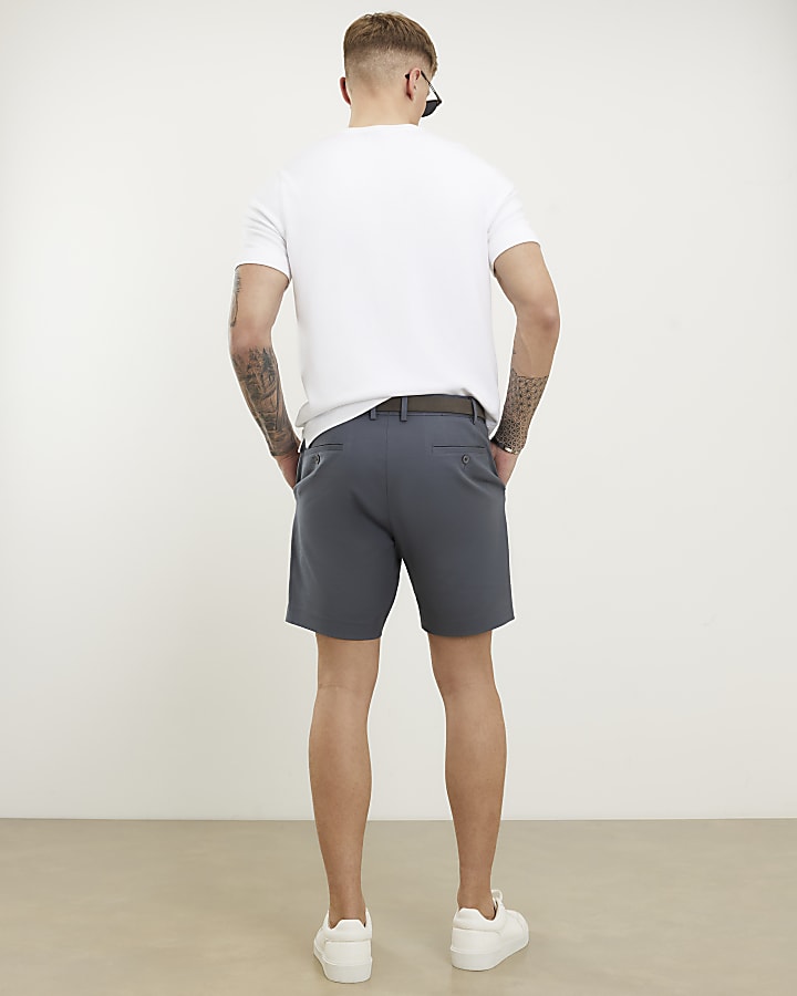 Grey Slim Fit Belted Chino Shorts
