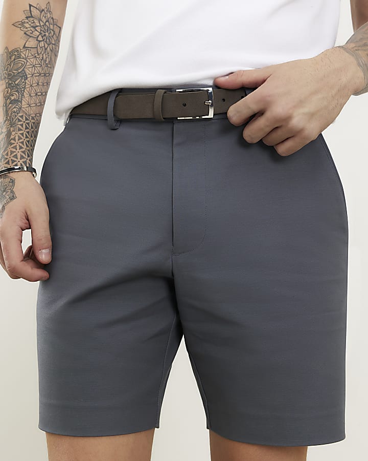 Grey Slim Fit Belted Chino Shorts