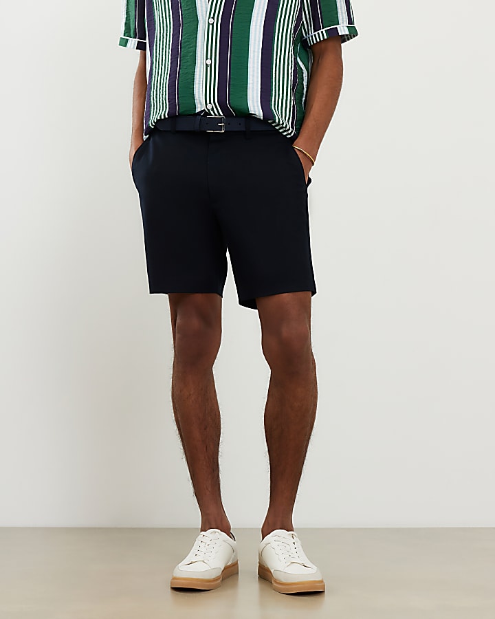 Navy Slim Fit Belted Chino Shorts