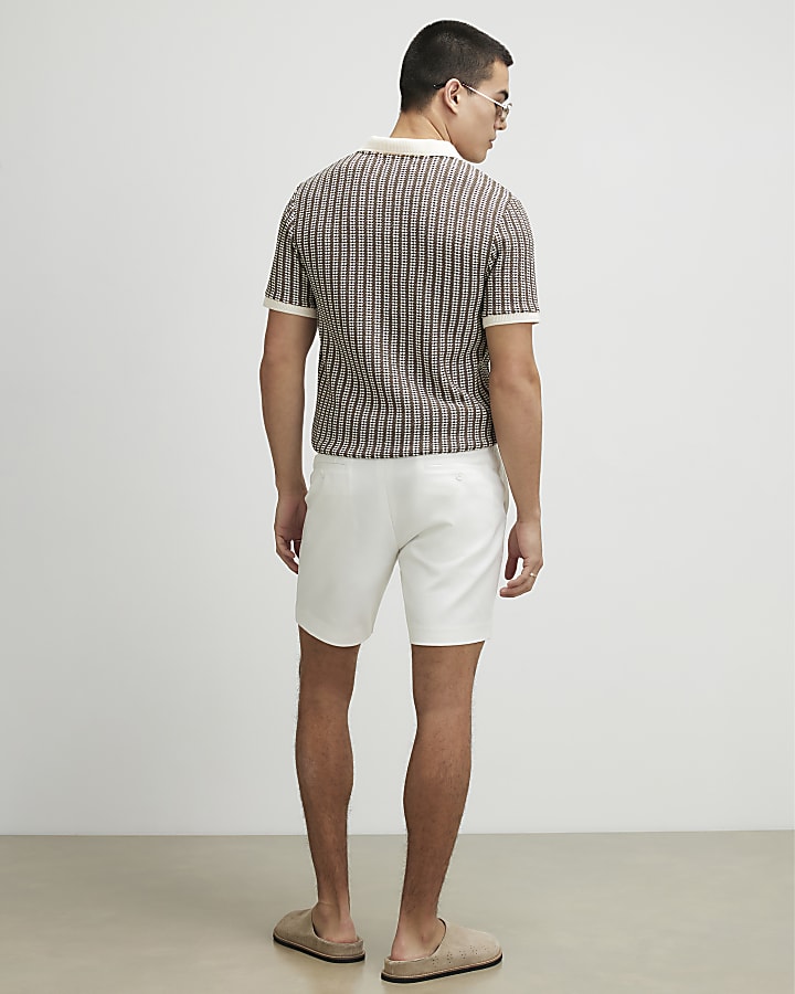 Cream Slim Fit Belted Chino Shorts