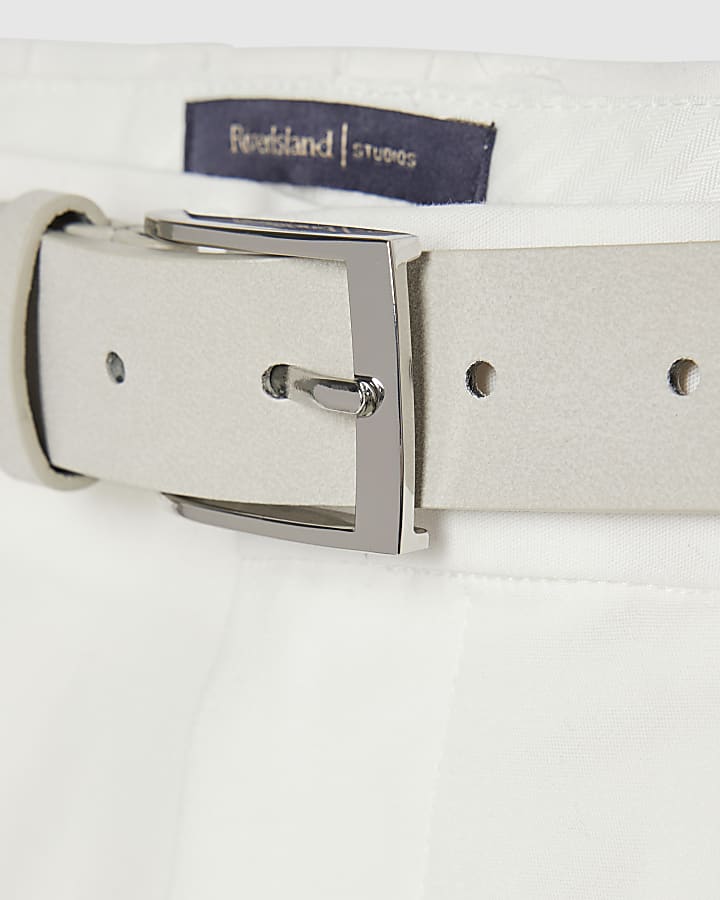 Cream Slim Fit Belted Chino Shorts