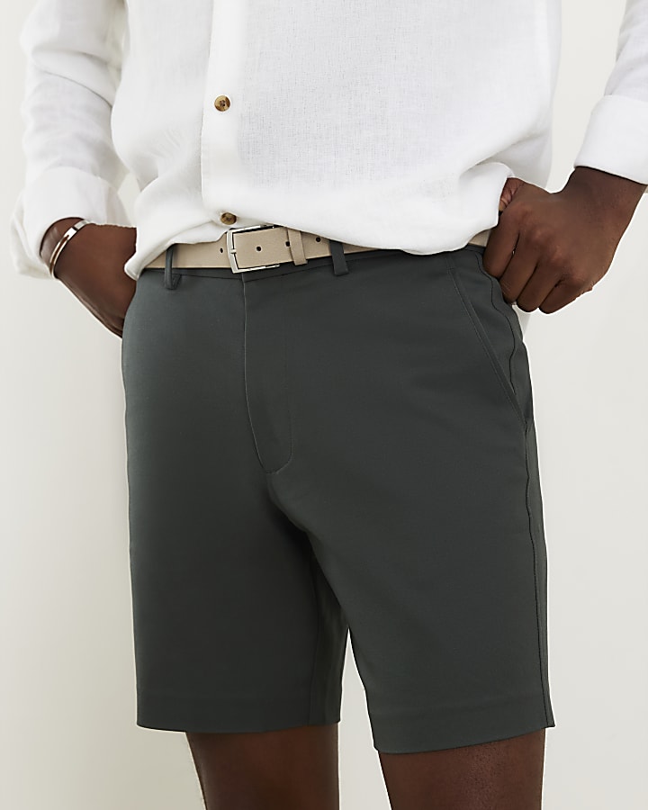 Khaki Slim Fit Belted Chino Shorts