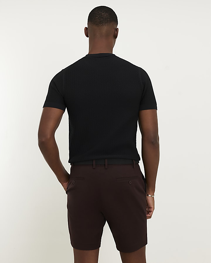 Brown Slim Fit Belted Chino Shorts