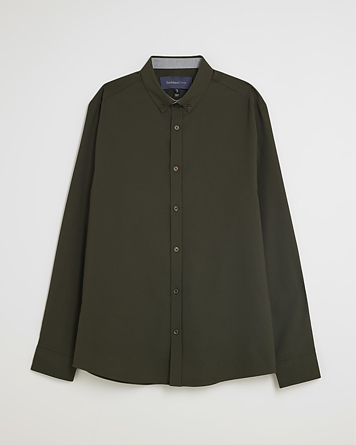 Khaki Muscle Fit Textured Shirt