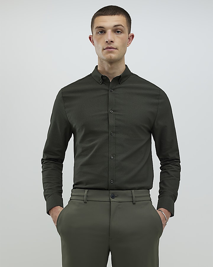 Khaki Muscle Fit Textured Shirt