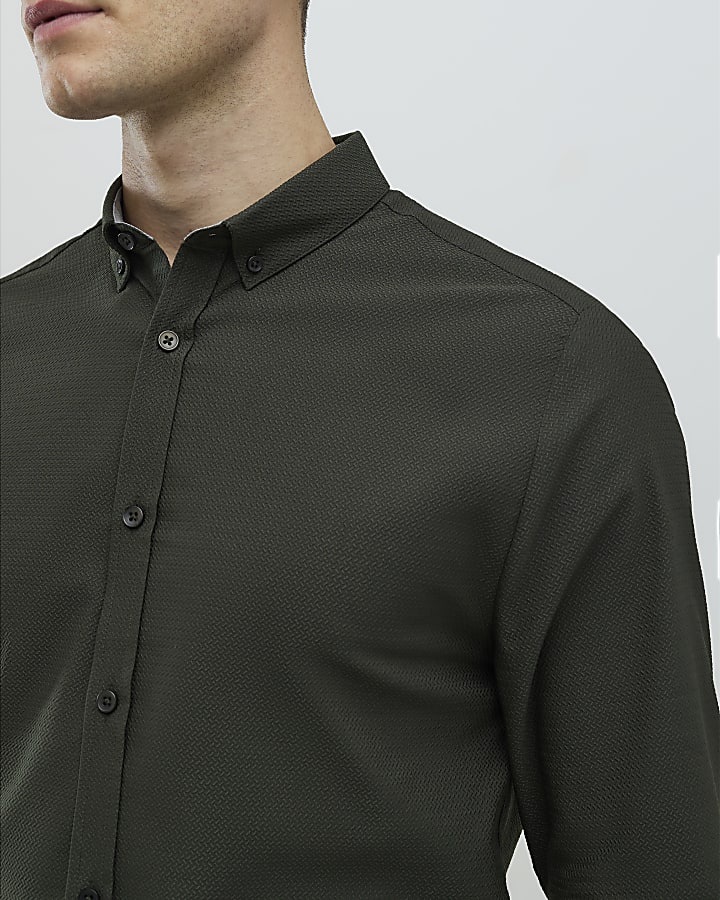 Khaki Muscle Fit Textured Shirt