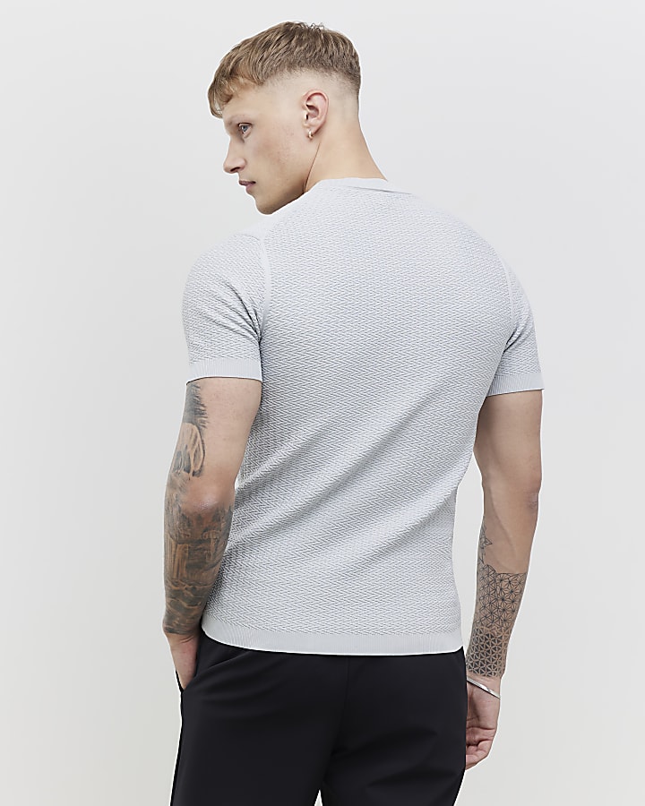 Grey Muscle Fit Zig Zag Texture T-Shirt