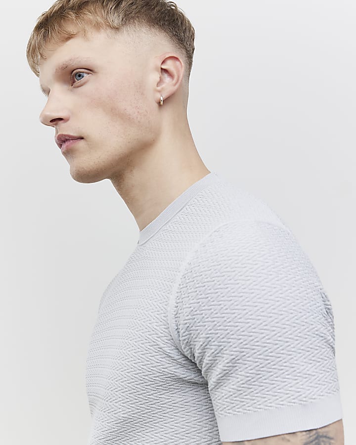 Grey Muscle Fit Zig Zag Texture T-Shirt