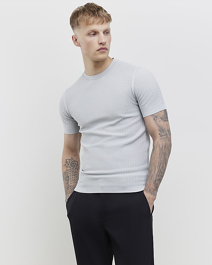 Grey Muscle Fit Zig Zag Texture T-Shirt