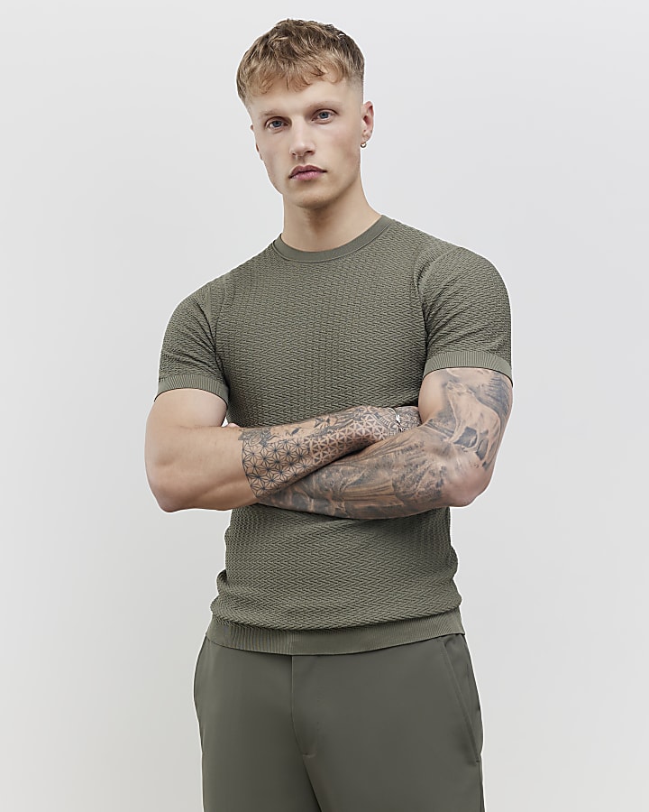 Green Muscle Fit Zig Zag Texture T-Shirt