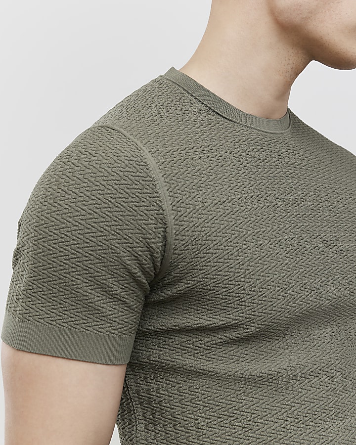 Green Muscle Fit Zig Zag Texture T-Shirt