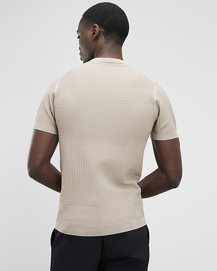 Beige Muscle Fit Zig Zag Texture T-shirt