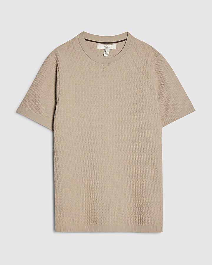 Beige Muscle Fit Zig Zag Texture T-shirt