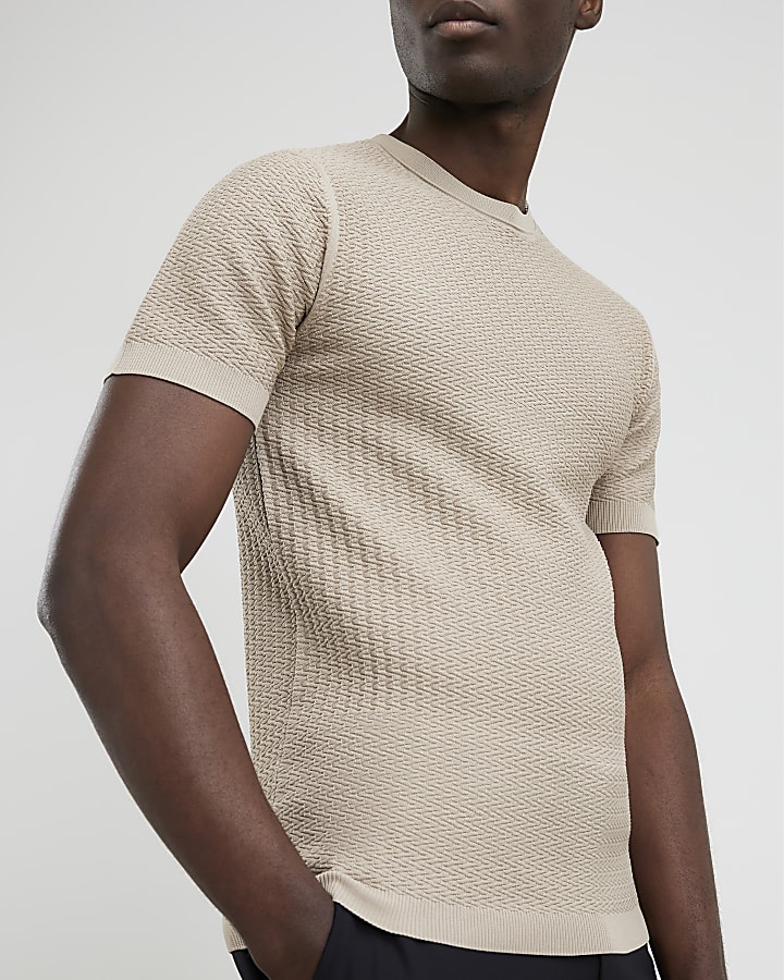 Beige Muscle Fit Zig Zag Texture T-shirt