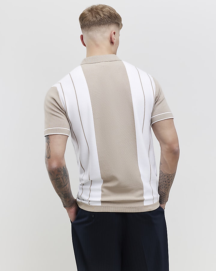 Beige Colour Blocked Stripe Polo Shirt