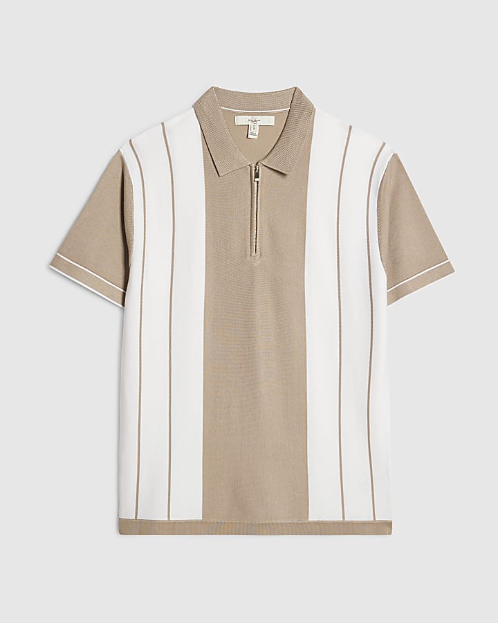 Beige Colour Blocked Stripe Polo Shirt