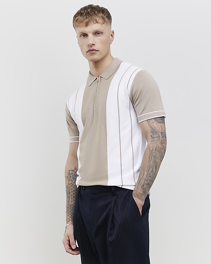 Beige Colour Blocked Stripe Polo Shirt