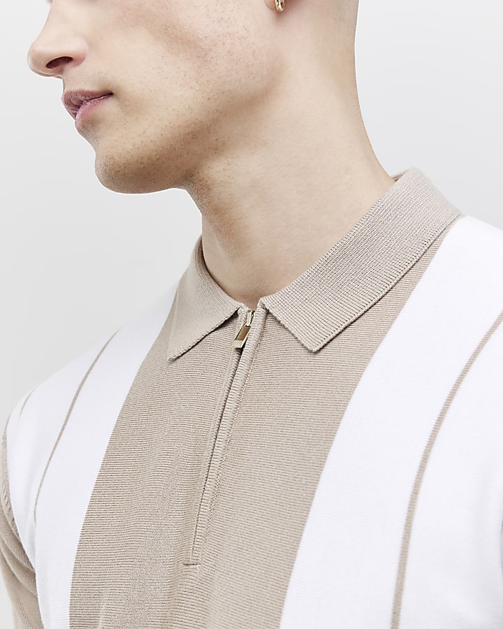 Beige Colour Blocked Stripe Polo Shirt