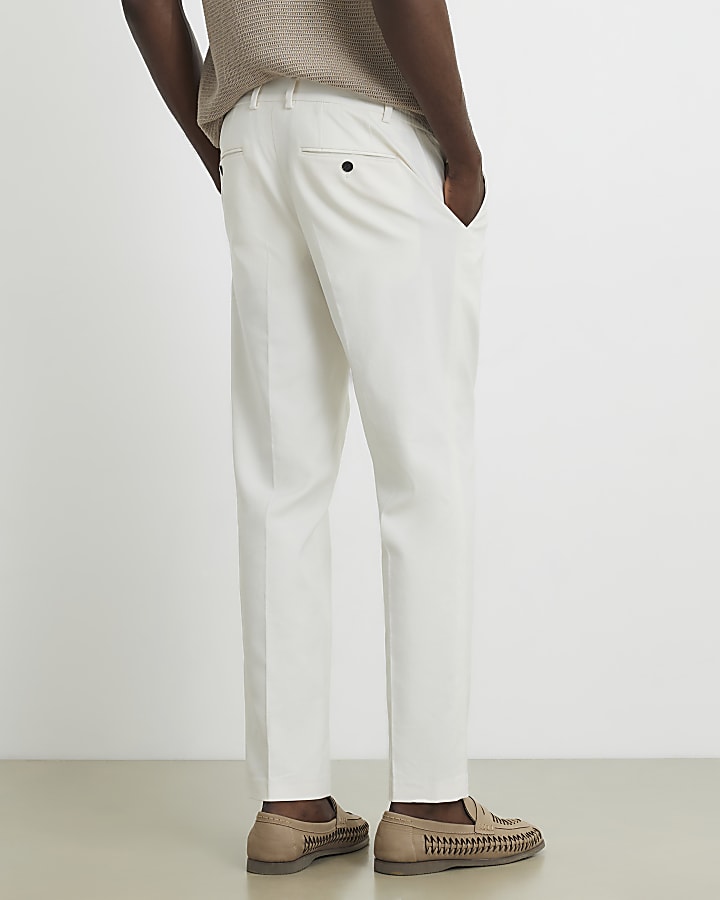White Slim Fit Linen Blend Trousers