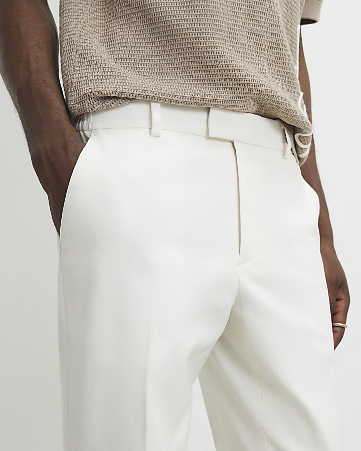 White Slim Fit Linen Blend Trousers