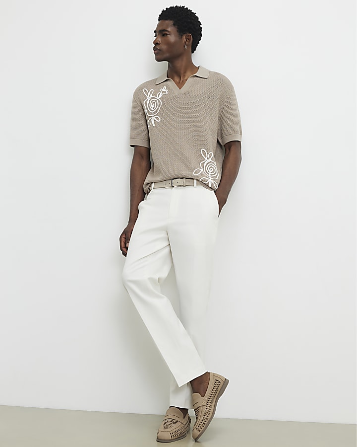 White Slim Fit Linen Blend Trousers