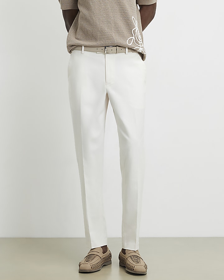 White Slim Fit Linen Blend Trousers
