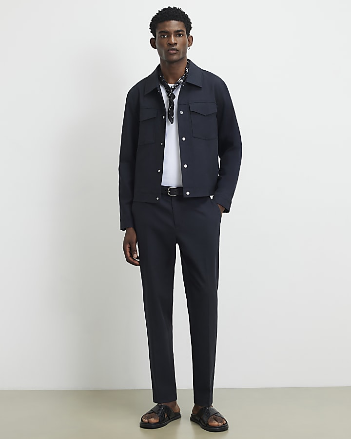 Navy Slim Fit Linen Blend Trousers