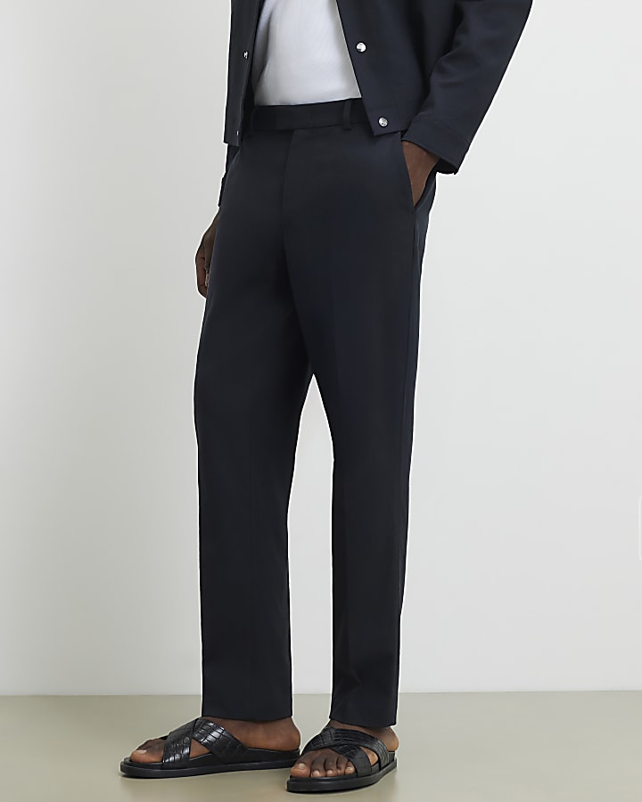 Navy Slim Fit Linen Blend Trousers