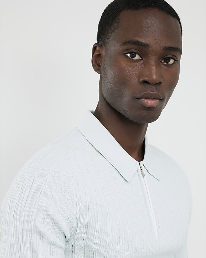 Blue Muscle Fit Ribbed Polo Shirt