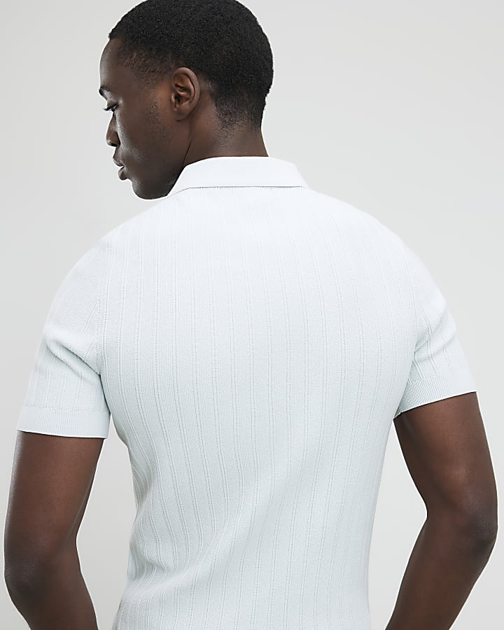 Blue Muscle Fit Ribbed Polo Shirt