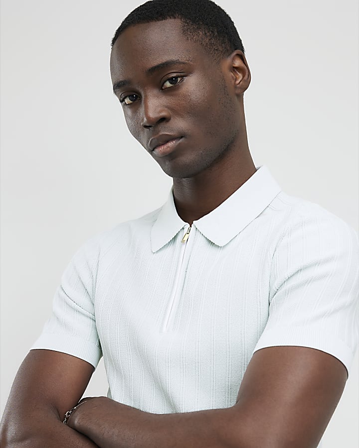 Blue Muscle Fit Ribbed Polo Shirt