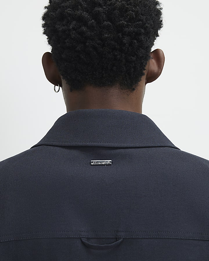 Navy Boxy Fit Linen Blend Western Jacket