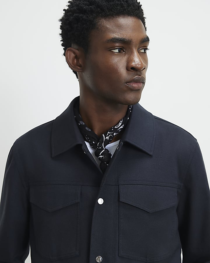 Navy Boxy Fit Linen Blend Western Jacket