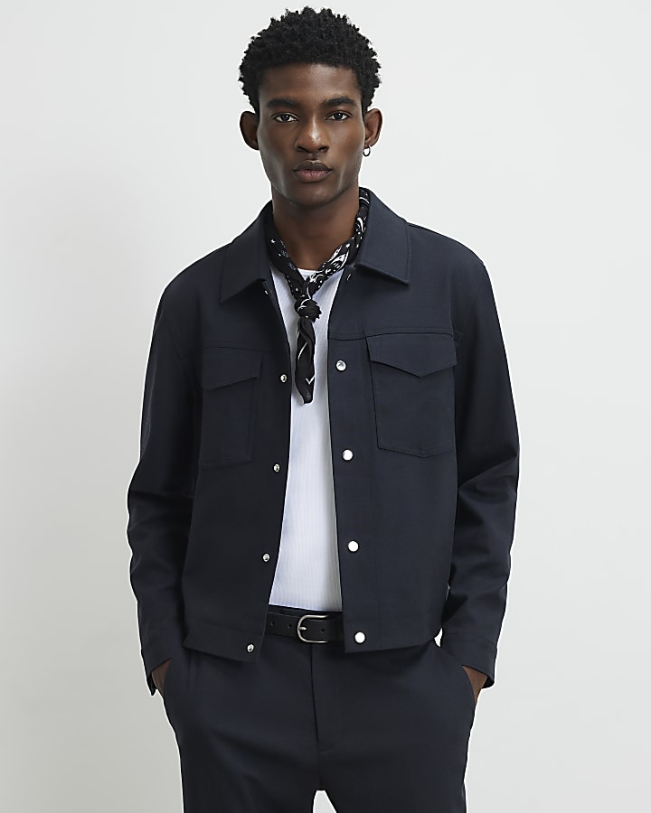 Navy Boxy Fit Linen Blend Western Jacket